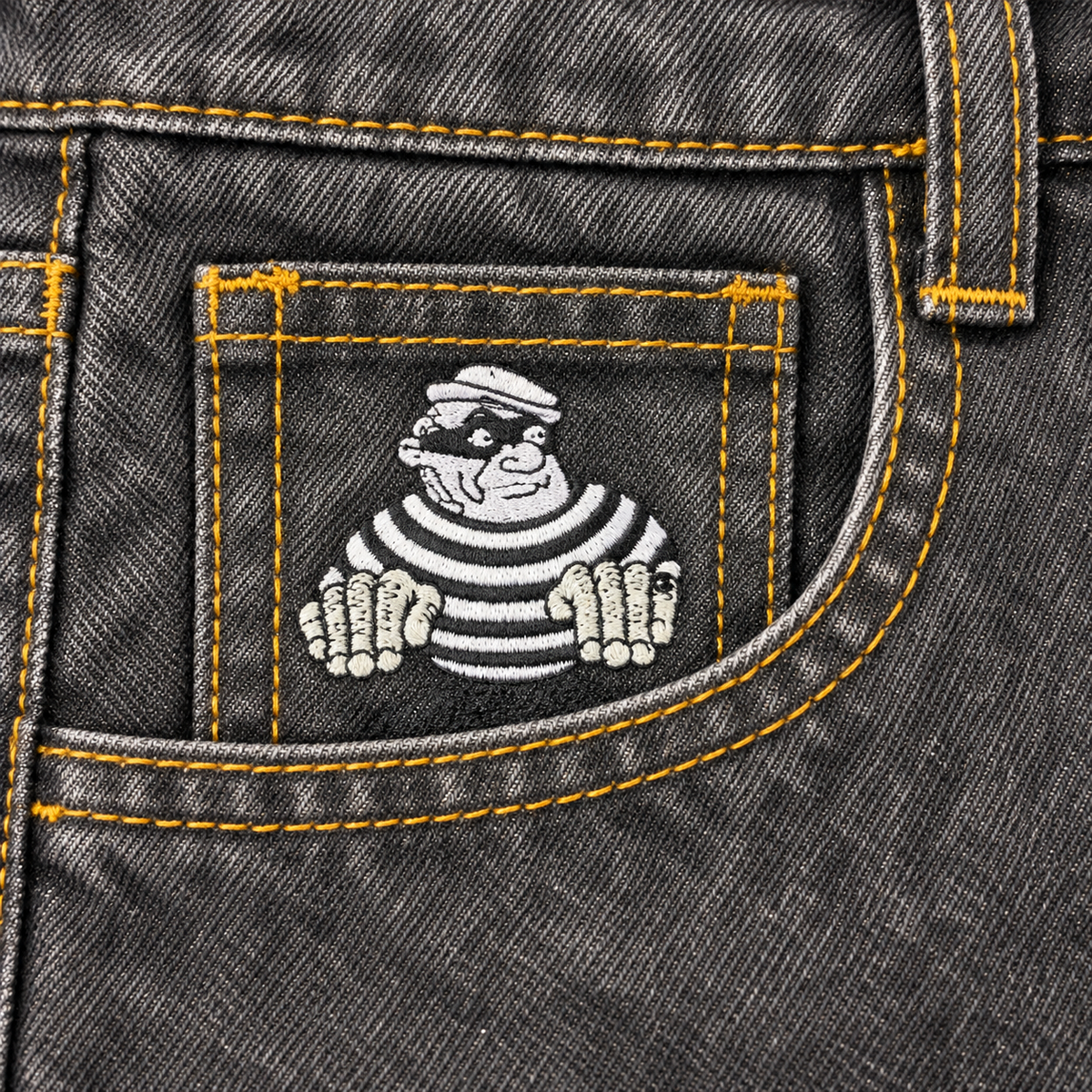 CROOKSLDN Grey Wash Yard Jeans — Clive coin pocket embroidery with the surrounding front pocket and waistband.