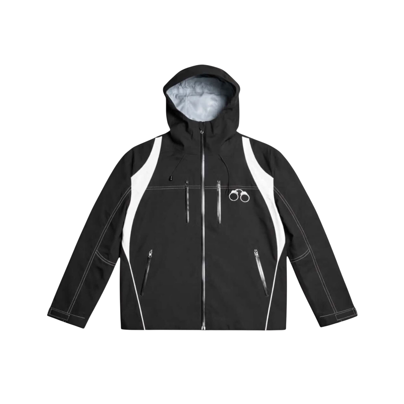 CROOKSLDN HydroCuff black windbreaker jacket with white contrast stitching, hood, and front zipper pockets