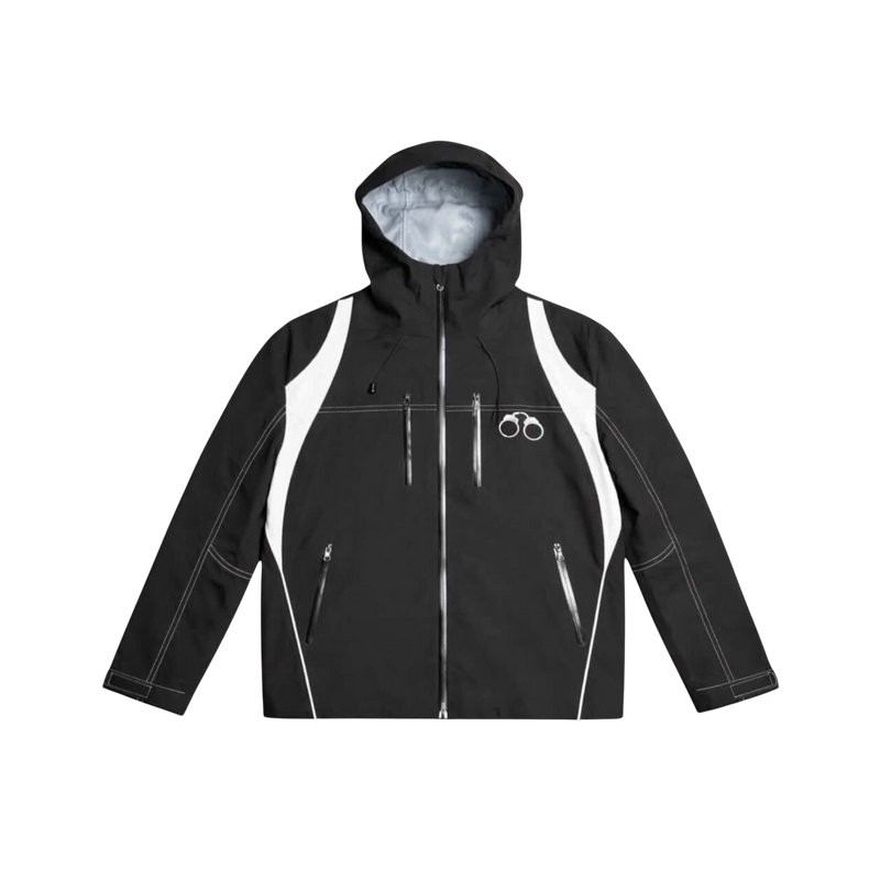 CROOKSLDN HydroCuff black windbreaker jacket with white contrast stitching, hood, and front zipper pockets