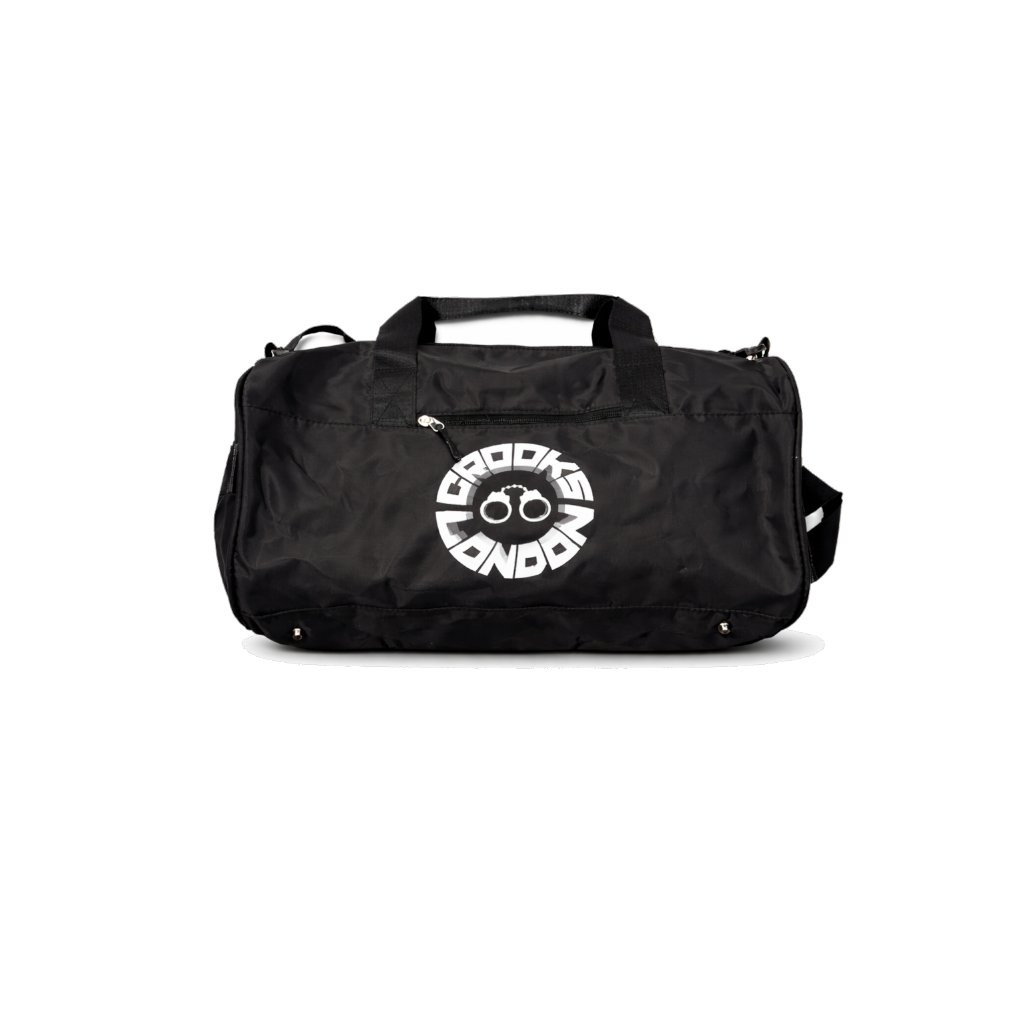 CROOKSLDN large black duffle bag with white circular logo print and zippered front pocket