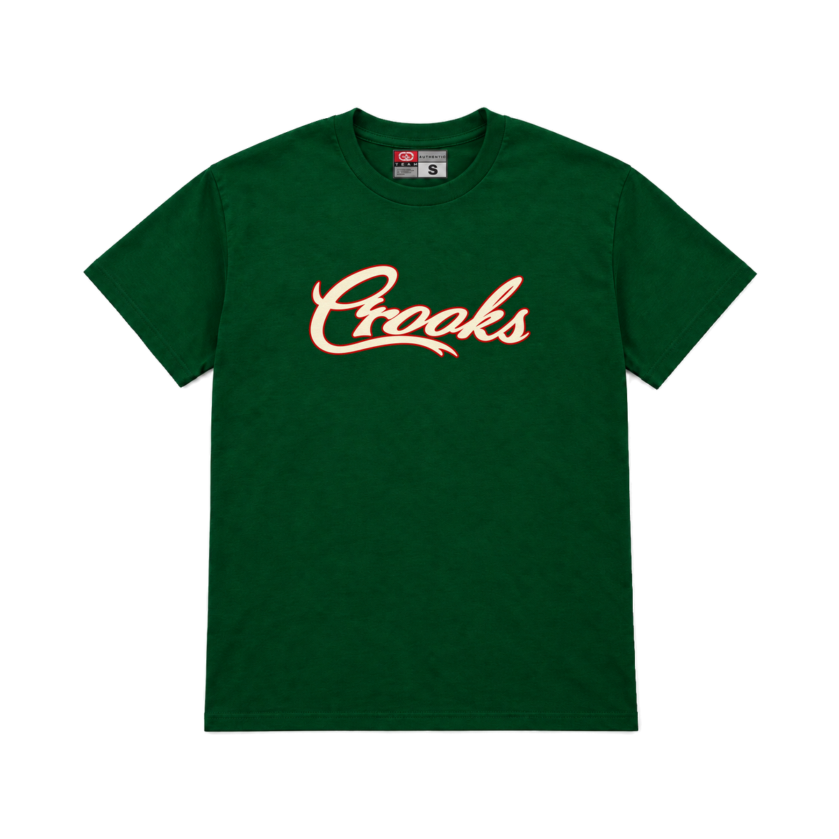 CROOKSLDN green T-shirt with the MAJOR LEAGUE CROOKS graphic on the chest