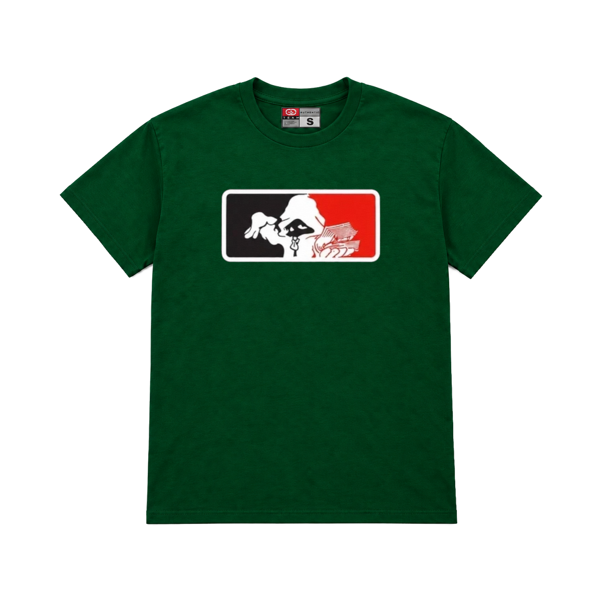 CROOKSLDN green T-shirt with the MONEY CLIVE graphic on the chest