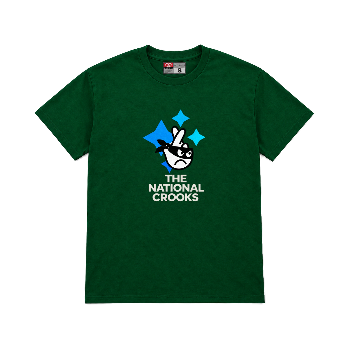 CROOKSLDN green T-shirt with the NATIONAL CROOKS graphic on the chest