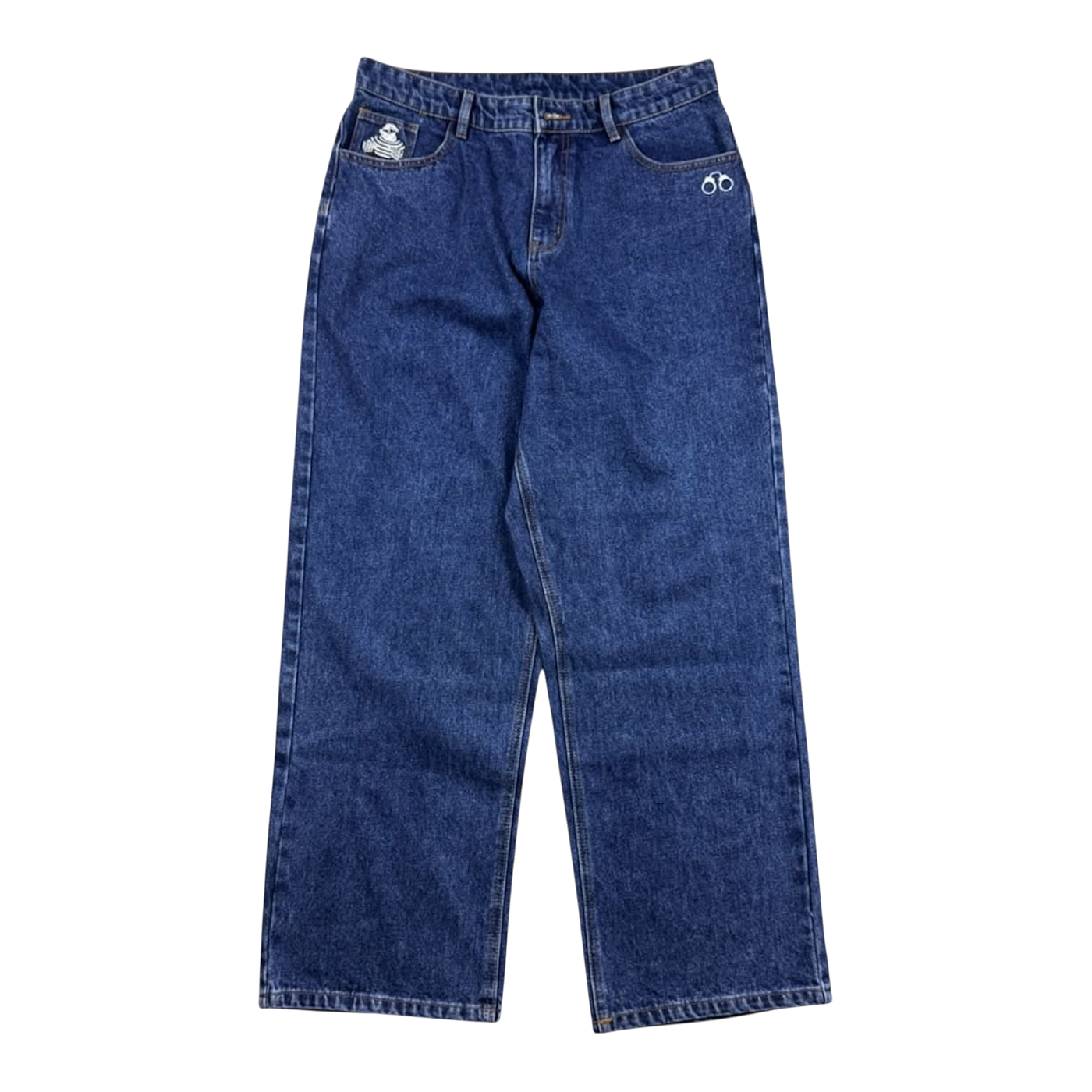CROOKSLDN OG jeans in dark blue heavyweight denim with a baggy stacked fit and embroidered logo details