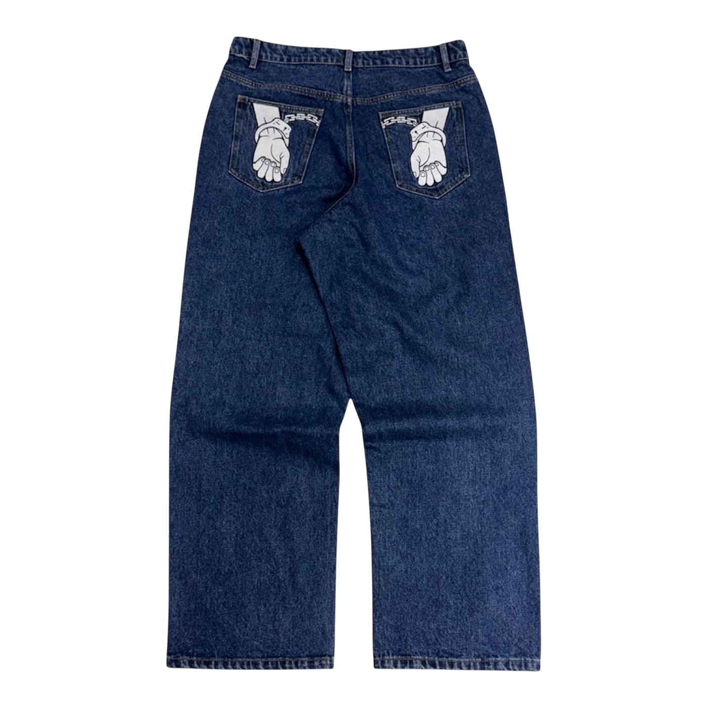 CROOKSLDN OG jeans in dark blue heavyweight denim with white handcuff graphic on the back pockets, baggy fit
