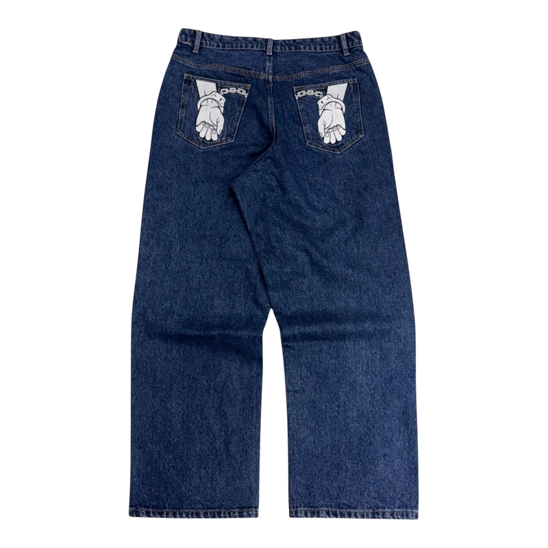 CROOKSLDN OG jeans in dark blue heavyweight denim with white handcuff graphic on the back pockets, baggy fit