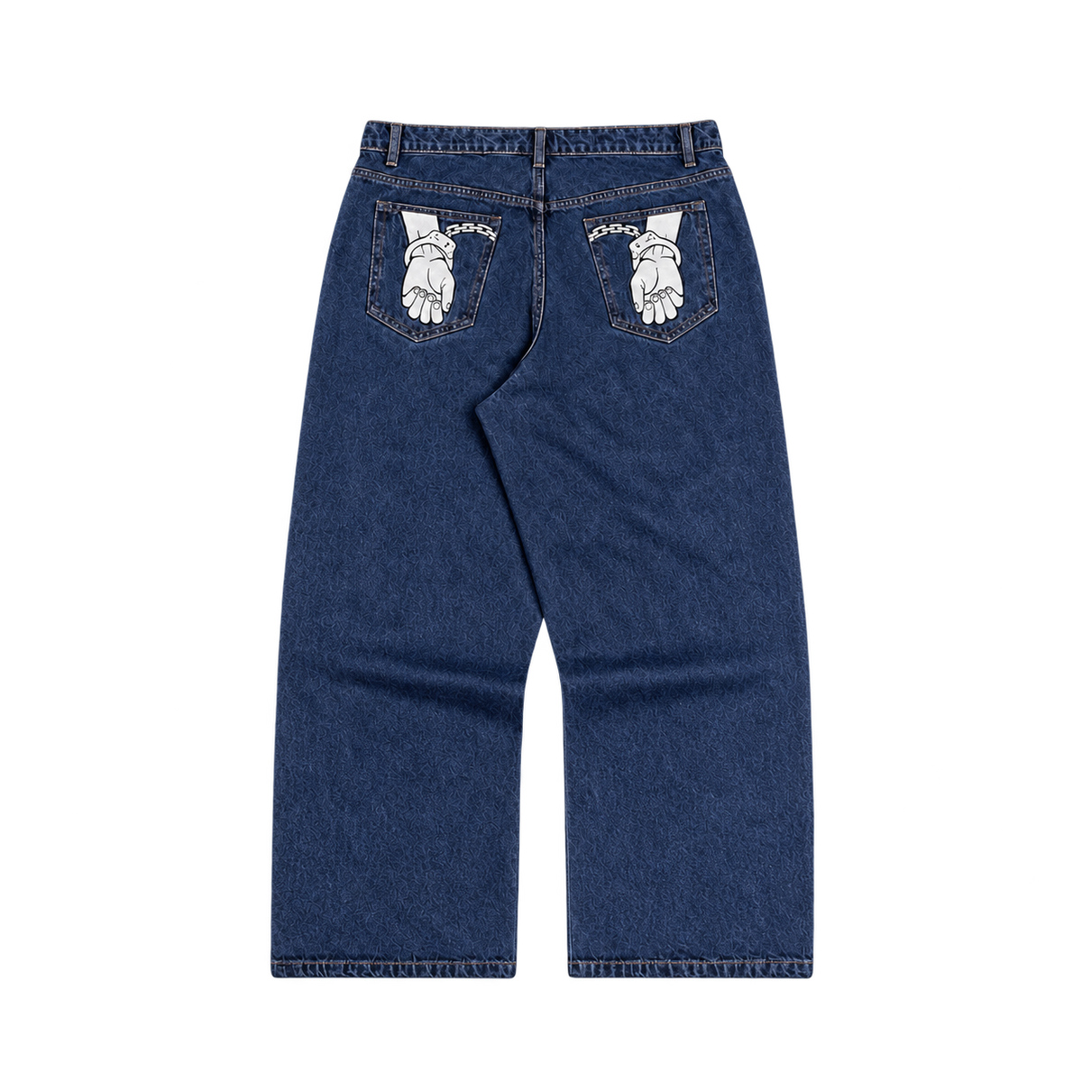 CROOKSLDN OG Jeans — Back flatlay with solid white cuffed-hand rear pocket artwork.
