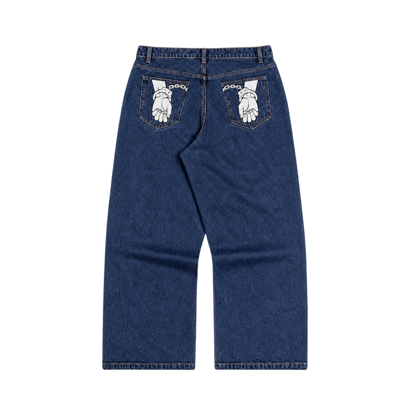 CROOKSLDN OG Jeans — Back flatlay with solid white cuffed-hand rear pocket artwork.