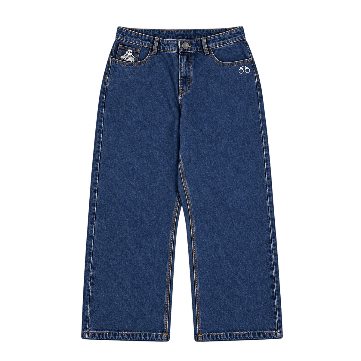 CROOKSLDN OG Jeans — Front flatlay with plain metal button and filled Clive coin-pocket embroidery.