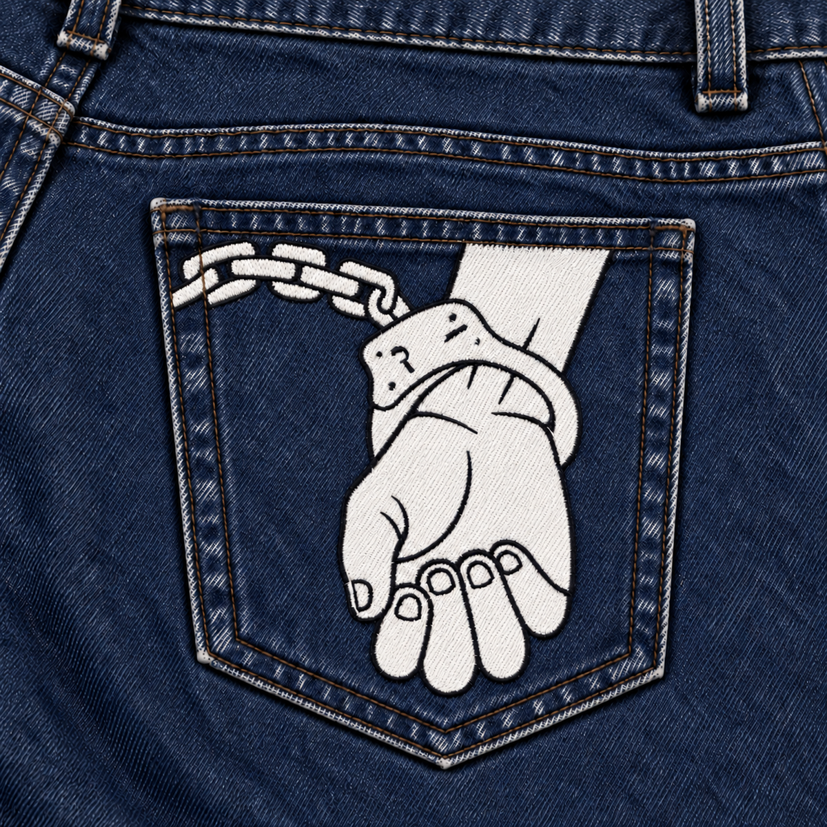 CROOKSLDN OG Jeans — Rear pocket detail with solid white hands and filled chain segments.