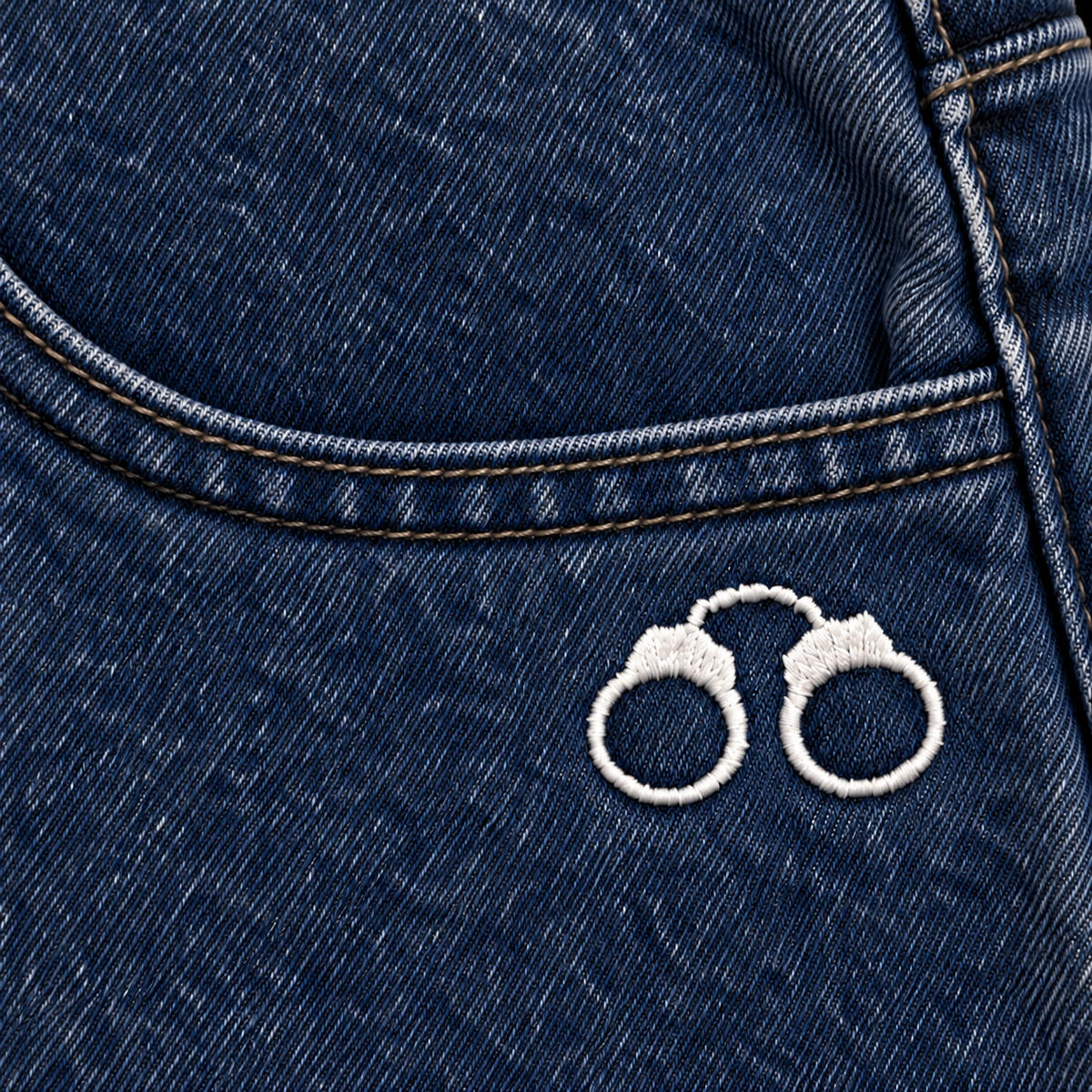 CROOKSLDN OG Jeans — White handcuff embroidery below the front pocket.