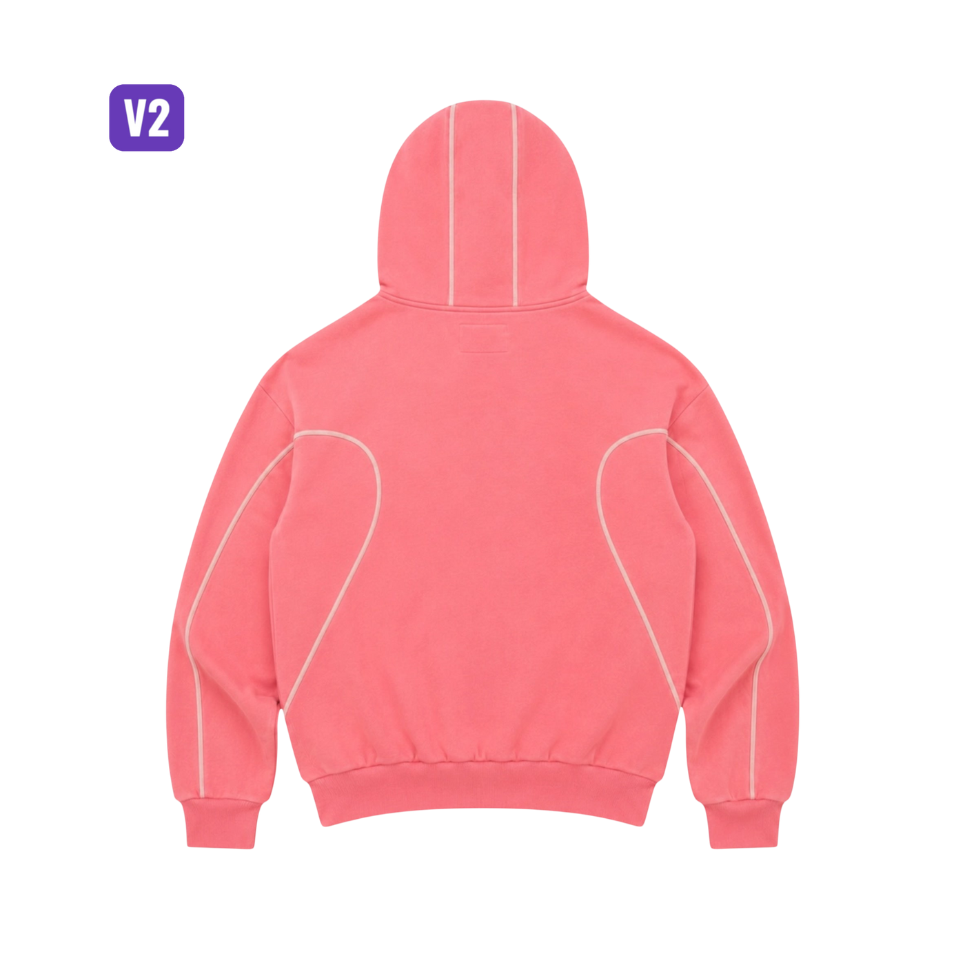 Back view of CROOKSLDN pink baggy hoodie in 550gsm brushed fleece with white piping details