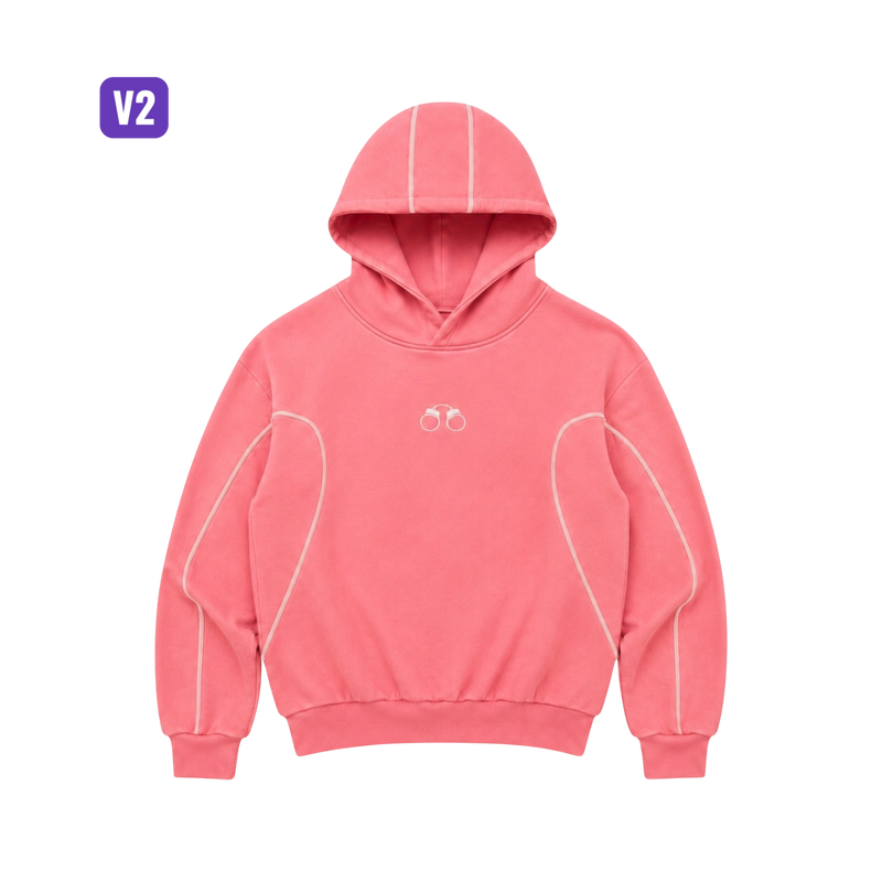 CROOKSLDN pink baggy fit hoodie made from 550gsm brushed fleece with white piping detail and handcuff logo embroidery