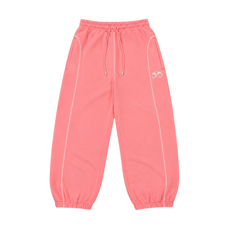 CROOKSLDN pink baggy sweatpants in 550gsm brushed fleece with white piping detail and cuffed ankles.