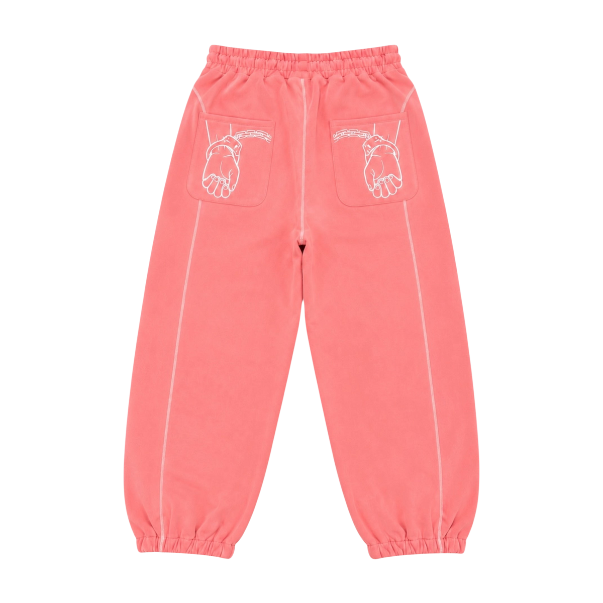 CROOKSLDN Pink Set — pink Convict sweats from the back, with a white handcuff graphic on the back pockets.
