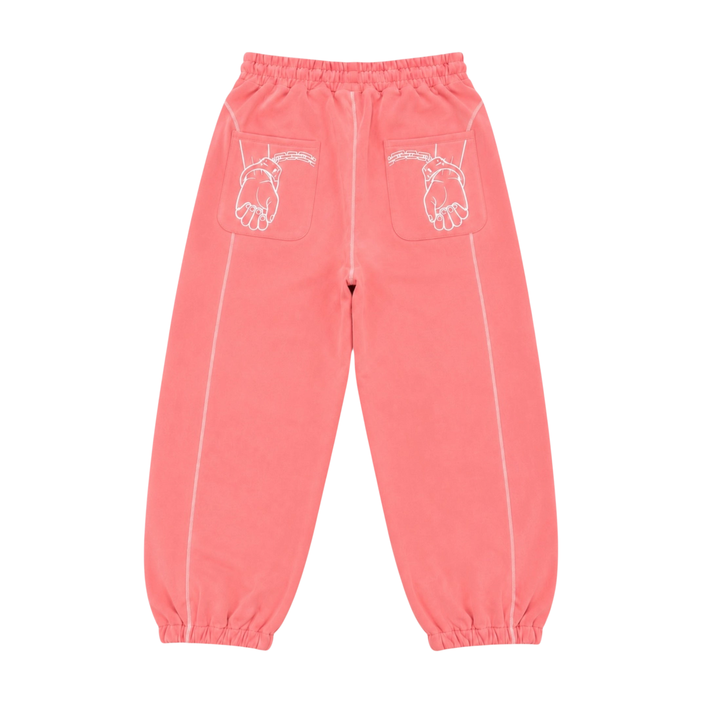 CROOKSLDN pink baggy sweatpants in 550gsm brushed fleece with white handcuff graphic on the back pockets