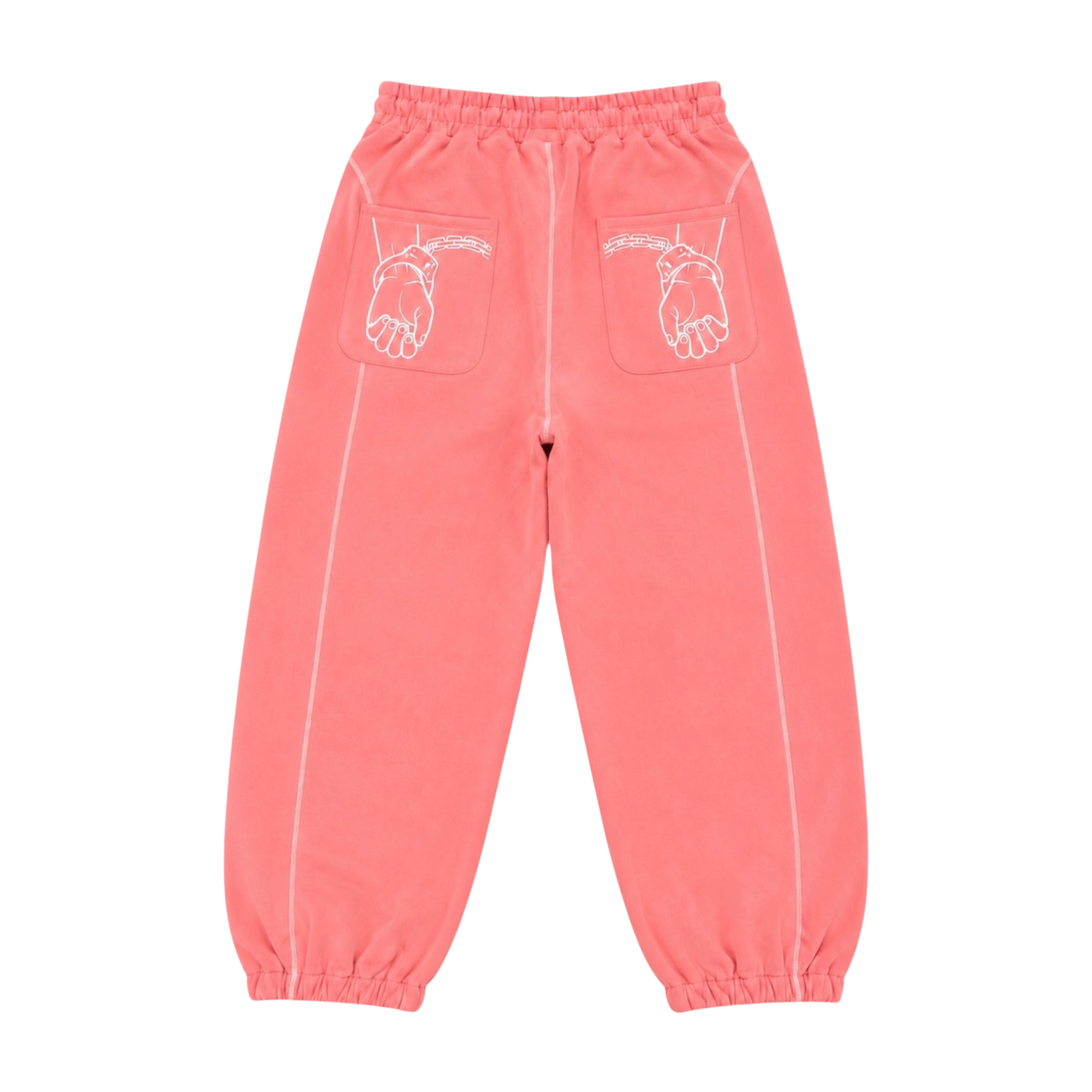 CROOKSLDN pink baggy sweatpants in 550gsm brushed fleece with white handcuff graphic on the back pockets