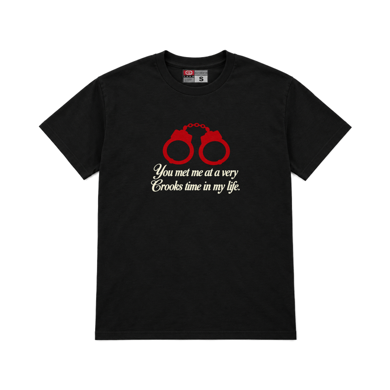 CROOKSLDN black T-shirt with the V.C.T.I.M.L graphic on the chest