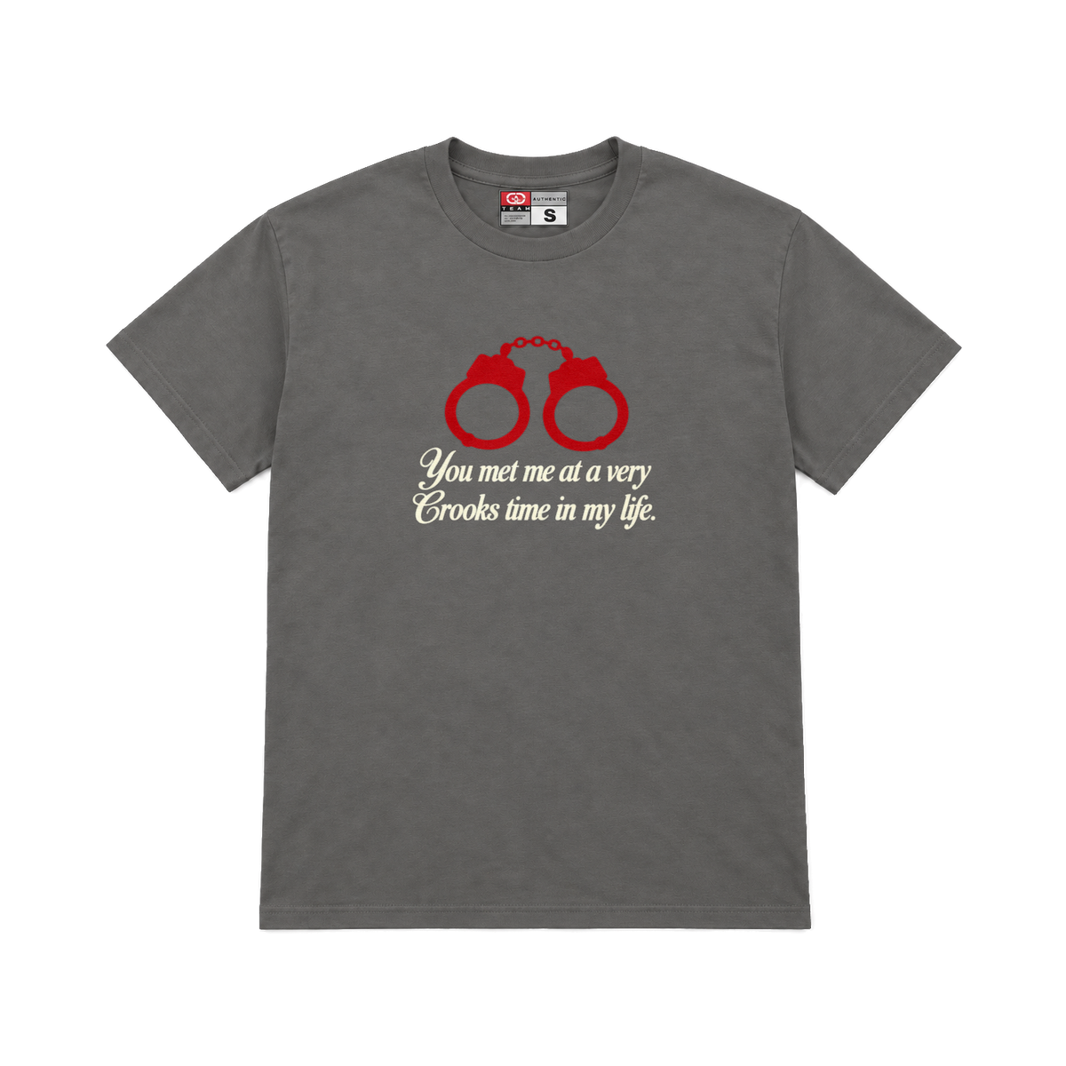 CROOKSLDN charcoal T-shirt with the V.C.T.I.M.L graphic on the chest