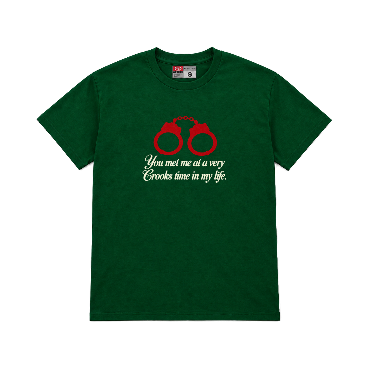 CROOKSLDN green T-shirt with the V.C.T.I.M.L graphic on the chest