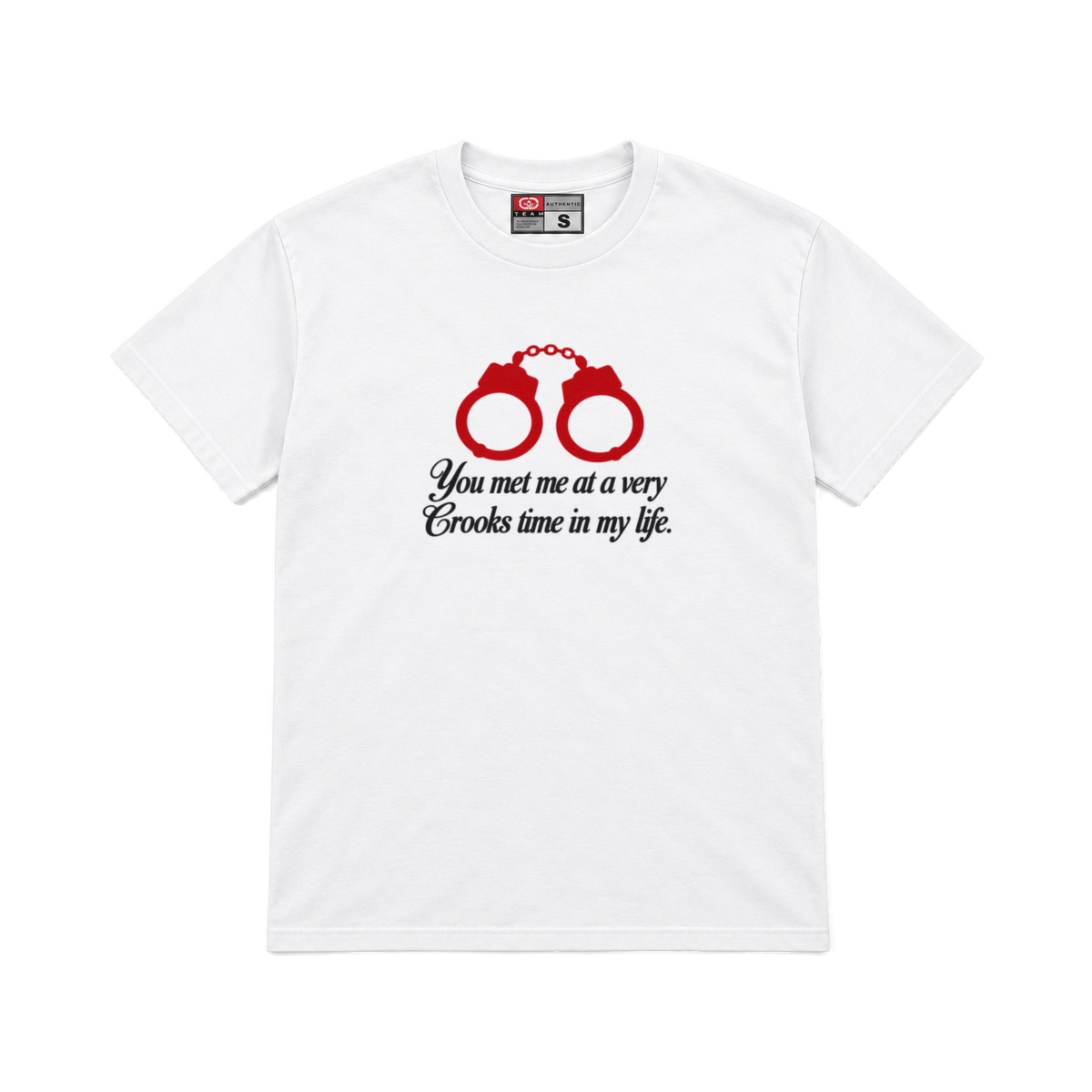 CROOKSLDN white T-shirt with the V.C.T.I.M.L graphic on the chest