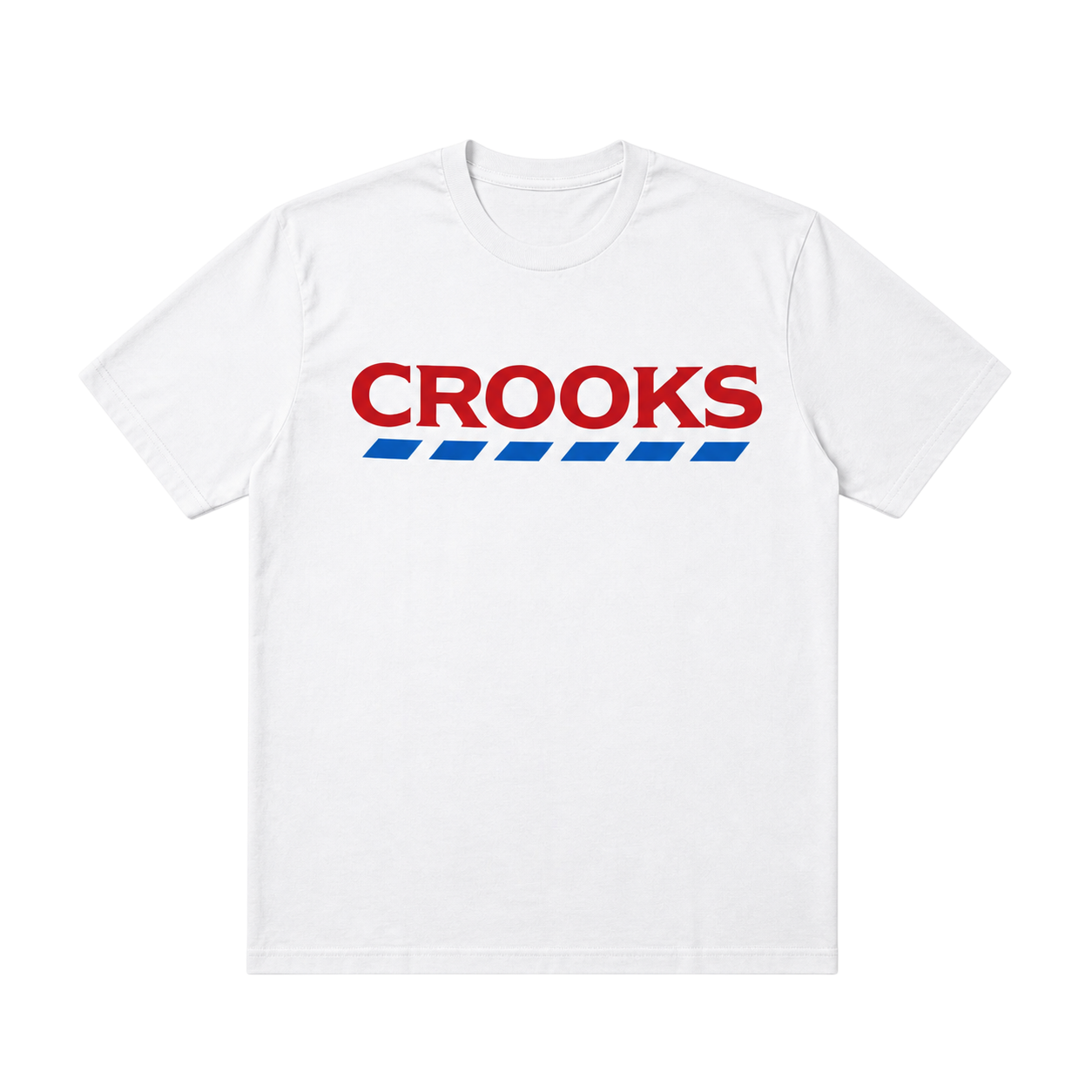 CROOKSLDN white cotton t-shirt featuring a red CROOKS logo and blue dashed line graphic on the chest