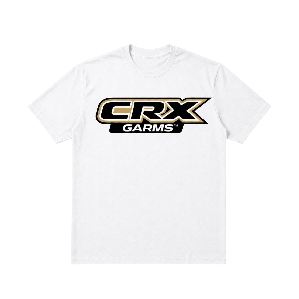 CROOKSLDN white premium cotton t-shirt featuring a black and gold CRX GARMS logo graphic on the chest