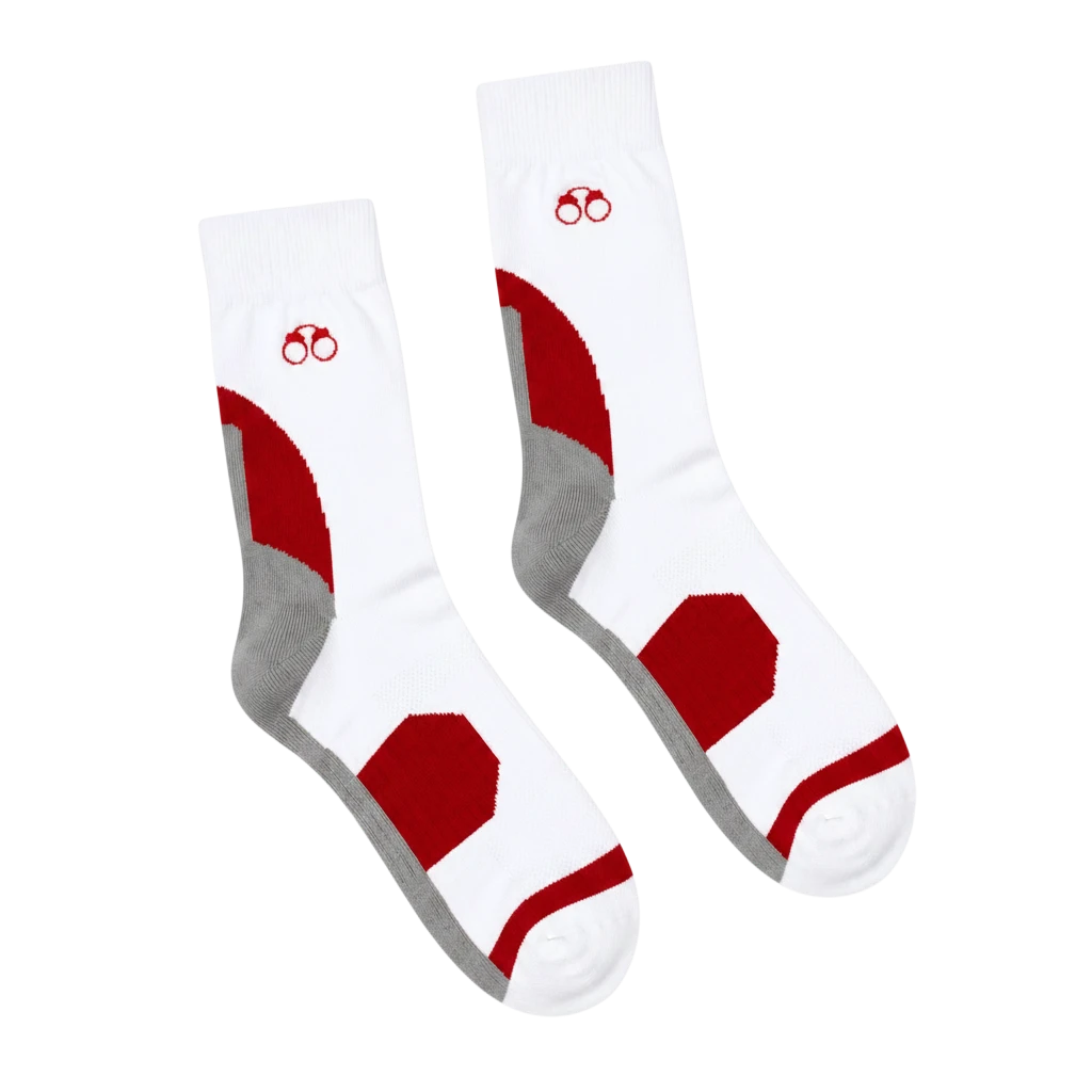 CROOKSLDN white and red MotionTec performance socks with grey accents and small handcuff logo detail