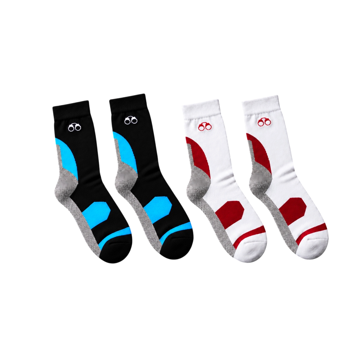 CROOKSLDN MotionTec socks, black/blue and white/red pairs side by side