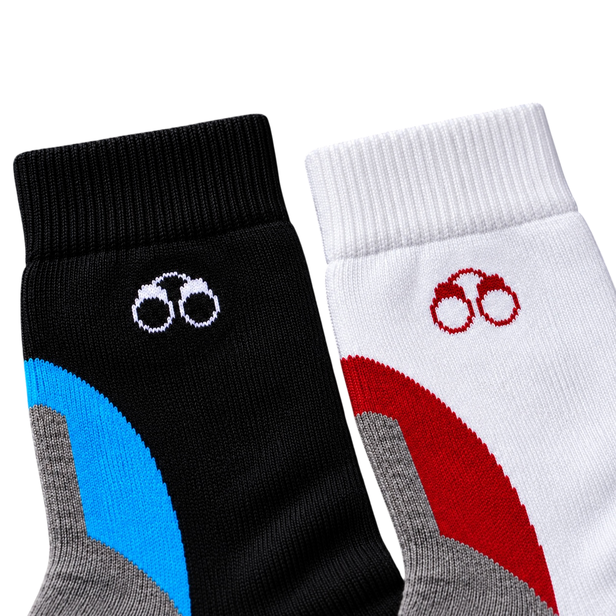 Close-up of the handcuff logo on black/blue and white/red MotionTec socks