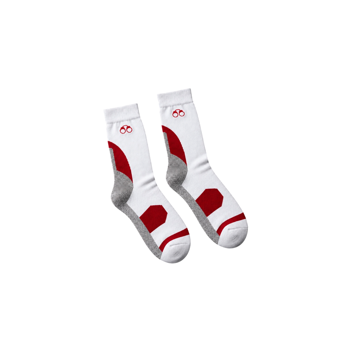 Pair of white/red MotionTec socks with grey heel and toe
